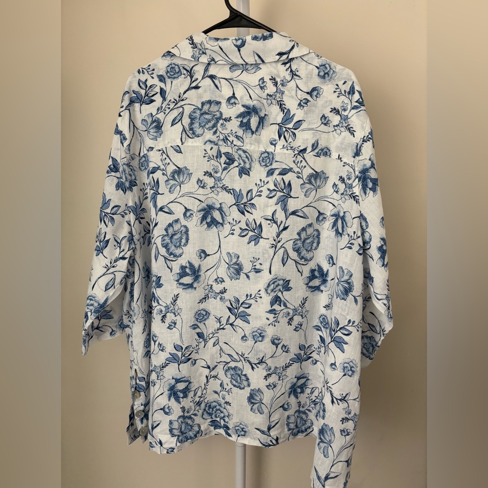 Cynthia Rowley Blue and White Floral Button Down Linen Shirt 3XL - Picture 2 of 7